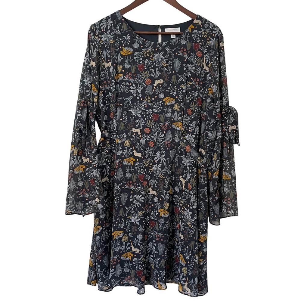 LC Lauren Conrad Runway Dress XL Unicorn Garden Floral Bell Sleeve Fit Flare
